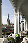 Germany, State of Hamburg, Hamburg, Alsterarkaden Mall view of Town Hall
