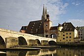 View from Danube River and Steinerne Bridge, Regensburg, Bavaria, Germany