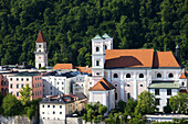 Inn River and St. Michaels church, Passau, Bavaria, Germany
