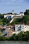 Inn River view of Mariahilf monastery, Passau, Bavaria, Germany