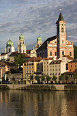 Danube River view with St. Paul church at sunset, Passau, Bavaria, Germany