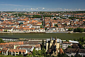 View from Festung Marienberg fortress with St. Burkard church, Wurzburg, Bavaria, Germany