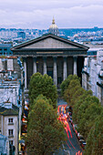 Sainte-Marie Madeleine church and Rue Tronchet, evening aerial, Paris, France