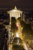 Sainte-Marie Madeleine church and Rue Tronchet, evening aerial, Paris, France