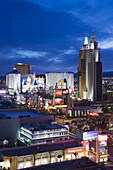 The Strip, aerial view south along Las Vegas Boulevard at dusk, Las Vegas, Nevada, USA