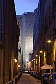 Italy, Sardinia, Cagliari, Il Castello Old Town, Torre dell´Elefante tower and Via Universita, dusk