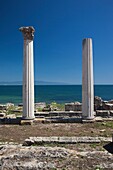 Italy, Sardinia, Oristano Region, Sinis Peninsula, Tharros, ruins of ancient Phoenician city, Roman era columns
