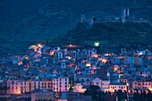 Italy, Sardinia, Western Sardinia, Bosa, town view with Castello Malaspina, dawn
