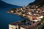 Italy, Lombardy, Lake District, Lake Garda, Limone sul Garda, aerial town view, morning