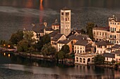 Italy, Piedmont, Lake Orta, Orta San Giulio, Isola San Giulio island, high angle view, dawn