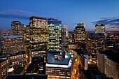 USA, Massachusetts, Boston, Financial District Buildings, high angle view, evening