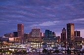 USA, Maryland, Baltimore, Inner Harbor, skyline from Federal Hill, dawn