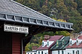 USA, West Virginia, Harpers Ferry, Harpers Ferry National Historic Park, train station sign