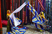 Inde, Rajasthan, Usine de Sari, Les tissus sechent en plein air  Ramassage des tissus secs par des femmes et des enfants avant le repassage  Les tissus pendent sur des barres de bambou  Les rouleaux de tissus mesurent environ 800 m de long   // India, Ra