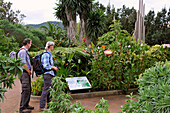 Zwei Wanderer betrachten ein Schild, Centro de Visitantes, Juegos de Bolas, Nordküste, Gomera, Kanarische Inseln, Spanien, Europa