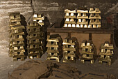 Gold bar replicas in Merkers Treasure Room at Erlebnisbergwerk Merkers Salt Mine, Merkers, Rhoen, Thuringia, Germany
