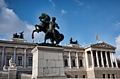 Sculpture, Bronze horse tamer, in front of the Austrian Parliament buildung, Parliament, Vienna, Austria