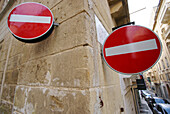 Traffic signs in the City of Valletta, Malta, Europe