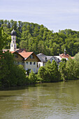 View over river Isar to Wolfratshausen, Upper Bavaria, Bavaria, Germany