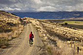 Cyclists on Otago Rail Trail near Oturehua, Central Otago, New Zealand