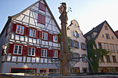 Half-timbered houses and well at the market place in the town of Schiltach, Valley Kinzigtal, Southern Part of Black Forest, Black Forest, Baden-Württemberg, Germany, Europe