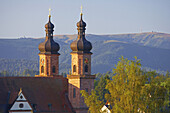 Village of St. Peter with abbey and the mountain Feldberg, Summer morning, Southern Part of Black Forest, Black Forest, Baden-Württemberg, Germany, Europe