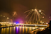 View over Danube to fireworks, Linz, Upper Austria, Austria