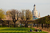 Blick vom Park des Japanischen Palais auf Frauenkirche, Dresden, Sachsen, Deutschland