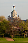 Blick vom Park des Japanischen Palais auf Frauenkirche, Dresden, Sachsen, Deutschland