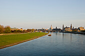 City view with the Elbe River, Elbe meadows, Augustus Bridge, Frauenkirche, Church of our Lady, Ständehaus, Hofkirche, Hausmannsturm, tower of the Dresden Castle, Semperoper, opera house, Dresden, Saxony, Germany