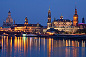 Evening view of the city with Elbe River, Augustus Bridge, Frauenkirche, Church of our Lady, Brühl´s Palais, Ständehaus, Hofkirche and Hausmannsturm, tower of the Dresden Castle, Dresden, Saxony, Germany