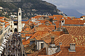 Placa Stadrun, Main shopping street in old city center, bell tower, Dubrovnik, Croatia