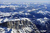 South face of Marmolada in winter, Dolomites and Tauern range in background, aerial photo, Dolomites, Venetia, Italy, Europe