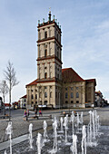 Market square with water displays and the city church, Neustrelitz, Mecklenburg Lake district, Mecklenburg-Western Pomerania, Germany