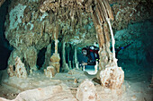 Scuba diver at Dos Ojos Cenote, Playa del Carmen, Yucatan Peninsula, Mexico