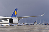 Wing with engine, Munich airport, Bavaria, Germany