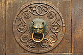 Door knocker in the shape of a lions head, Augsburg cathedral, Augsburg, Bavaria, Germany