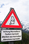 Warnschild Murmeltier, Großglockner-Hochalpenstraße, Großglockner, Hohe Tauern, Nationalpark Hohe Tauern, Salzburg, Österreich