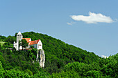 View of Castle Prunn from the Altmuehltal cycle trail, Altmuehl valley nature park, Riedenburg, Kelheim, Bavaria, Germany
