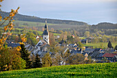 View over Schlettau in autumn, Ore Mountains, Saxony, Germany