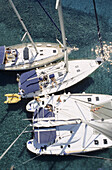 View of sailing boats from the crows nest, high angle view, bird´s eye view, Mediterranean sea, Greece, Europe