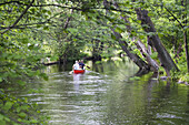 Father, children and grandfather canoeing on the Würm River in southern Bavaria, Upper Bavaria, Germany