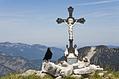 Summit Cross with Alpine Chough, Pyrrhocorax graculus, Vorderskopf, Karwendel mountains, Alps, Tirol, Austria