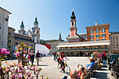 Mozart's square with Cathedral and Cafe Glockenspiel, Old Town, Salzburg, Salzburg state, Austria