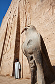 Statue of Horus at the entrance of Temple of Horus, Temple of Edfu, Edfu, Egypt, Africa