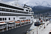 Kreuzfahrtschiff Amsterdam (Holland America Line) an der Pier von Ushuaia, Feuerland, Patagonien, Argentinien, Südamerika, Amerika