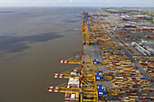 Aerial view of the container port Bremerhaven, Loading cranes along the pier, Lower Saxony, Northern Germany