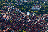 Aerial shot old town with St. Mary's Church and Celle castle, Celle, Lower Saxony, Germany