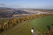 Aerial view of the former GDR watch tower on the former border and lignite mining, Schöningen, Lower Saxony, Germany