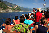 View from the excursion ship to Corniglia, boat trip along the coastline, Cinque Terre, Liguria, Italian Riviera, Italy, Europe